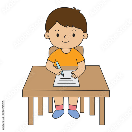 Happy Young School Boy Studying At Desk Illustration Element Vector Graphic