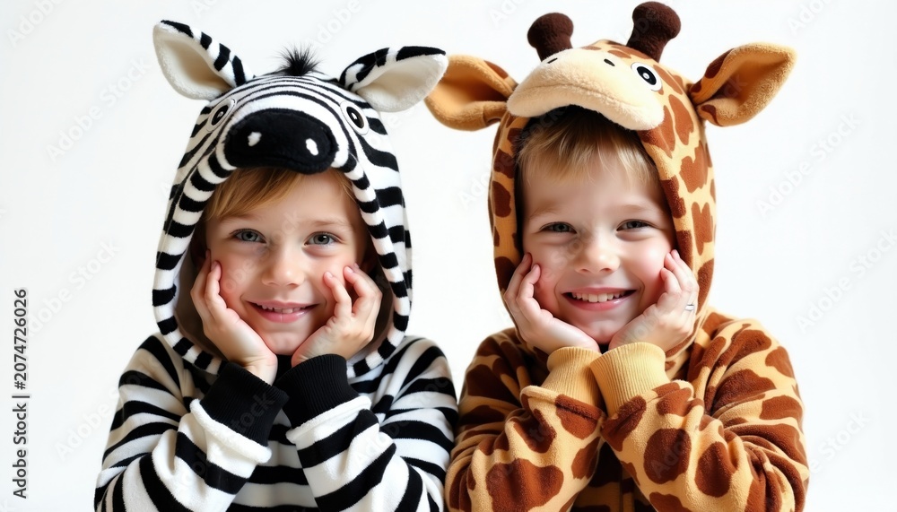 Fototapeta premium Two kids in animal pajamas smile at camera. Boy wears giraffe outfit, girl wears zebra costume. Siblings enjoy playtime indoors, happy childhood memories, fun dress up.