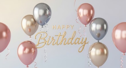Metallic balloons and happy birthday greeting on light background