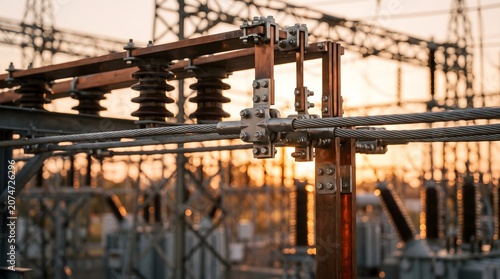 Detail Shot of Overhead Busbars and Stranded Conductors With a Bolted Clamp Connector at an Electrical Substation in Warm Sunset Light