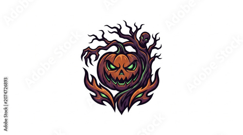 Scary Halloween Jack O Lantern with Twisted Tree Branches.