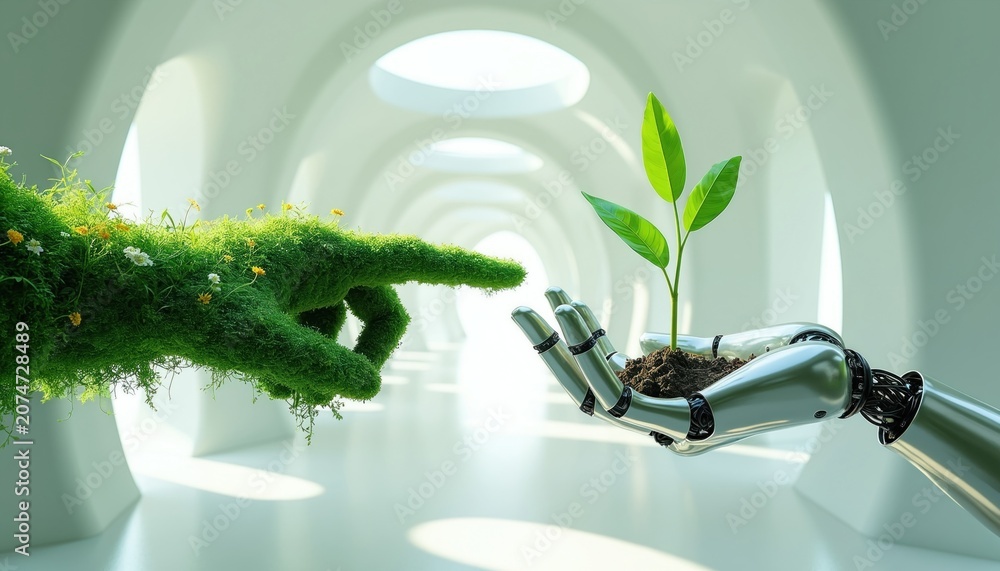 Naklejka premium Human arm of grass and robot hand with plant seedling touch. Nature meets tech, new life growth. Eco friendly future. Sustainable development. Symbiosis.