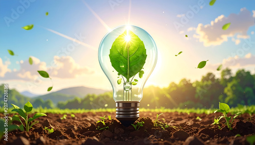 Eco-friendly lightbulb with green leaf symbolizing renewable energy and nature.