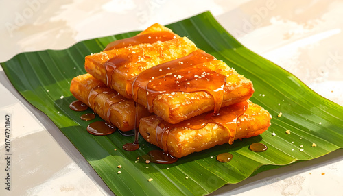 Delicious Fried Spring Rolls Drizzled with Sweet Syrup on Banana Leaf.