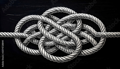 Intricate Knot of Thick Rope on Black Background.