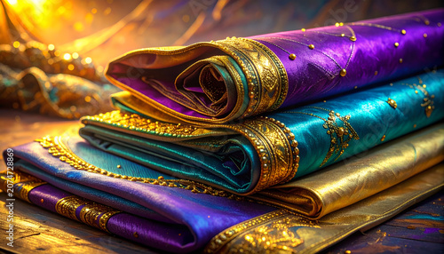 Luxurious Folded Fabrics with Intricate Gold Embellishments.