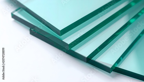 Stack of Thick Transparent Glass Sheets with Green Edges.