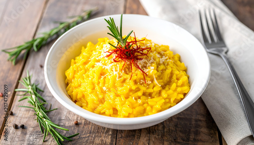 Delicious Saffron Risotto Garnished with Rosemary and Chili Threads.