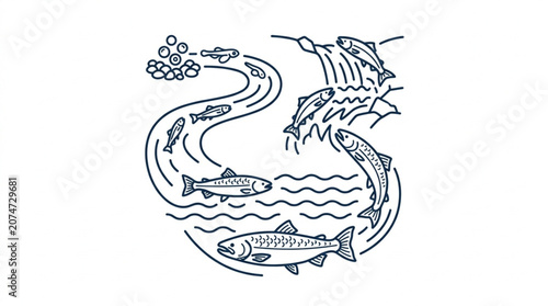 Obraz na płótnie Salmon migration cycle illustration showing fish swimming upstream to spawn