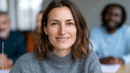 Smiling woman in meeting with colleagues behind her