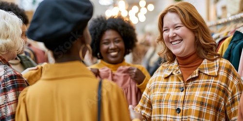 Women happily interacting in a vibrant clothing store