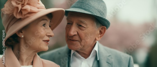 Couple gazes lovingly, dressed in vintage-inspired attire