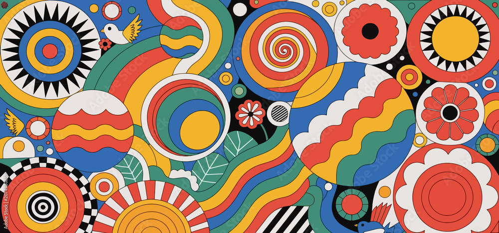 Fototapeta premium Retro geometric pattern with colorful circles and floral motifs graphic wallpaper