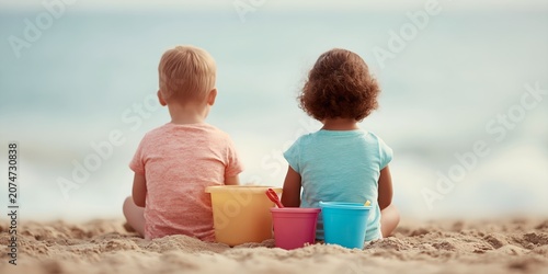 Two kids sit facing ocean