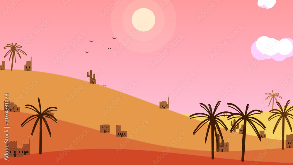 Obraz premium Procedural Art, minimalist desert village landscape with palm trees at sunset