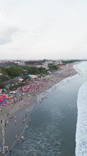 Sunset Drone View of Seminyak Beach, Bali Tropical Coastline