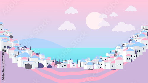 Procedural Art of minimalist pastel mediterranean village illustration with white houses and sea