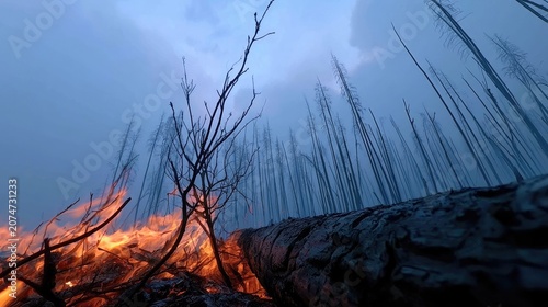A forest fire rages, casting an eerie glow on skeletal trees and scorched earth