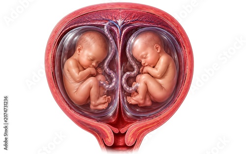 Twins in the womb with umbilical cords and placenta