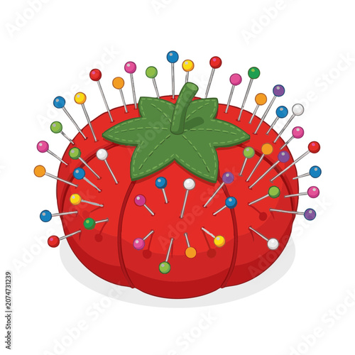 Flat vector of a tomato pin cushion with colorful pins placed all around it on a simple background