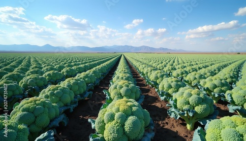 Vast field of ripe broccoli plants stretches to horizon under blue sky with clouds. Rows of green vegetables grow on fertile soil in sunny Yuma, Arizona farm.