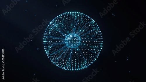 Sphere composed of glowing blue digital nodes floats against a dark background to represent advanced network connectivity.