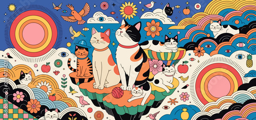 Cats on floating islands with suns and flowers whimsical folk art pattern