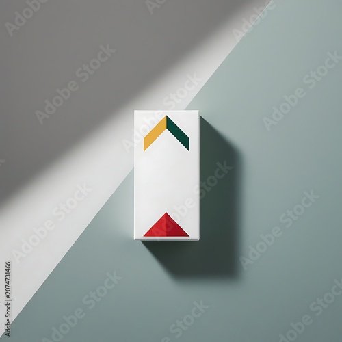 Geometric design on white box with colorful triangles