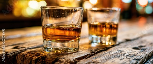 Two glasses of amber liquor sit on a rustic wooden table, with blurred lights in background
