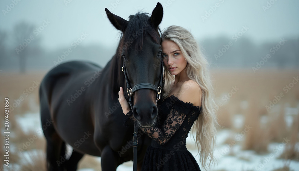 Fototapeta premium Blonde woman in black dress embraces dark horse in field with snow. Elegant lady with long wavy hair, purebred equine mammal. Winter farm atmosphere, soft focus background, gentle connection.