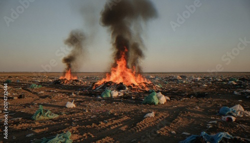 Fotografie Burning trash at an open-air dump site, with large flames and black smoke rising into the sky in a vast, polluted landscape
