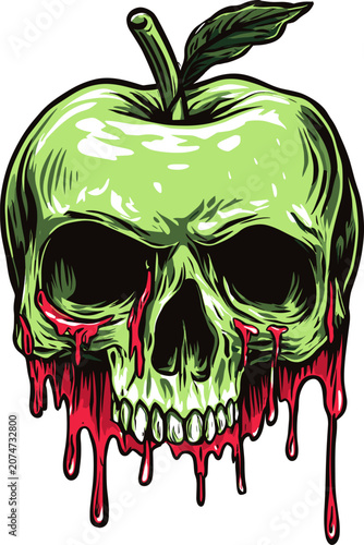 Green apple skull dripping red blood. Vector illustration.
