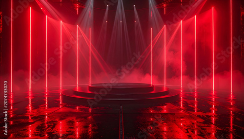 Futuristic Stage with Red Neon Lights and Smoke Effects.