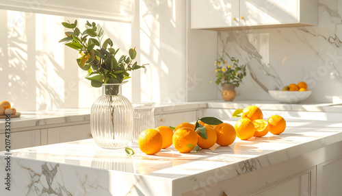 Sunlit Kitchen Countertop with Fresh Oranges and Greenery.