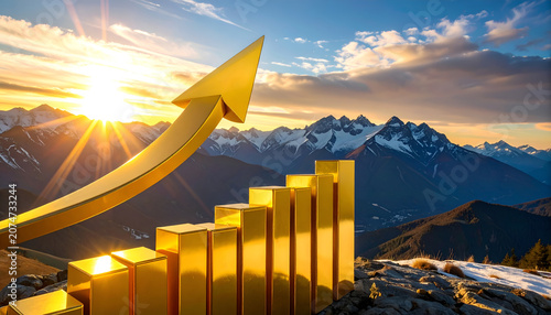 Golden Arrow Graph Ascending Mountain Peak at Sunrise Symbolizing Success.