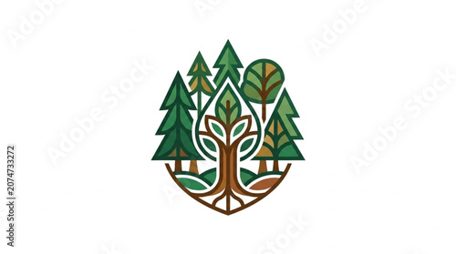 Stylized Forest Emblem with Central Tree and Diverse Foliage.