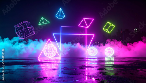 Abstract Neon Geometric Shapes Floating in Smoky Atmosphere.