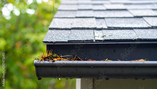 Clogged Gutter Filled with Debris and Water Droplets on a Rainy Day.