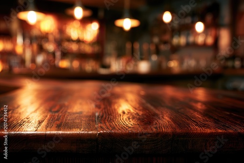 Warm, inviting bar surface with soft, glowing lights in background