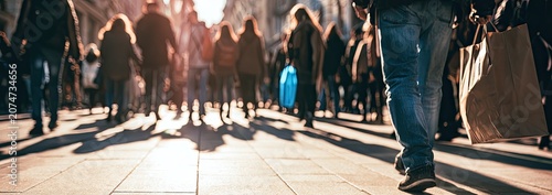 Blurry silhouettes of people walking on a sun-drenched sidewalk with long shadows