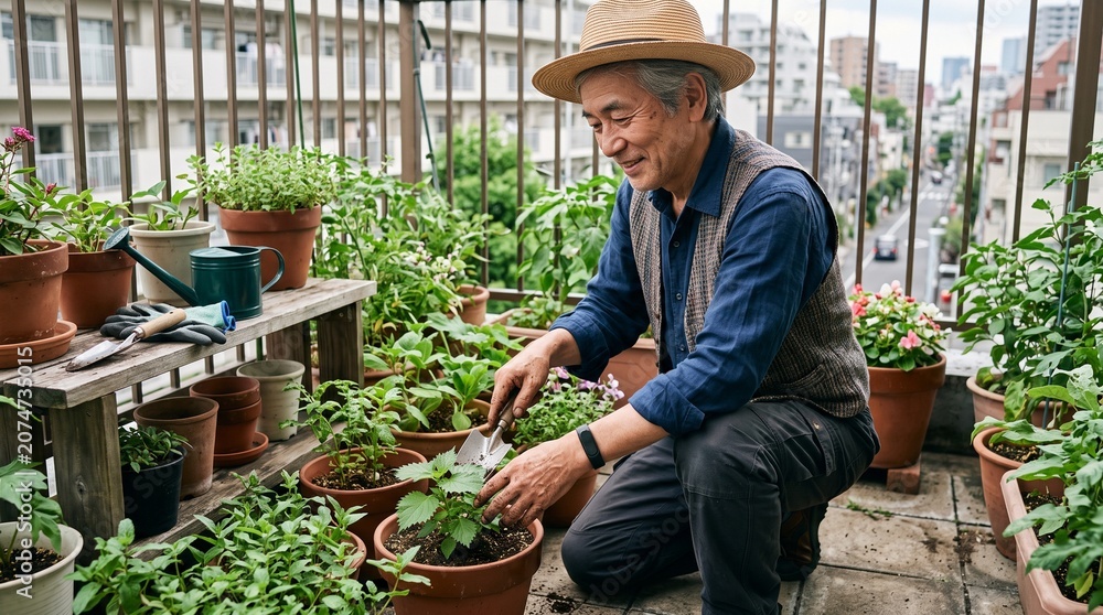 Obraz premium Smiling senior man tending to potted plants on a sunny balcony