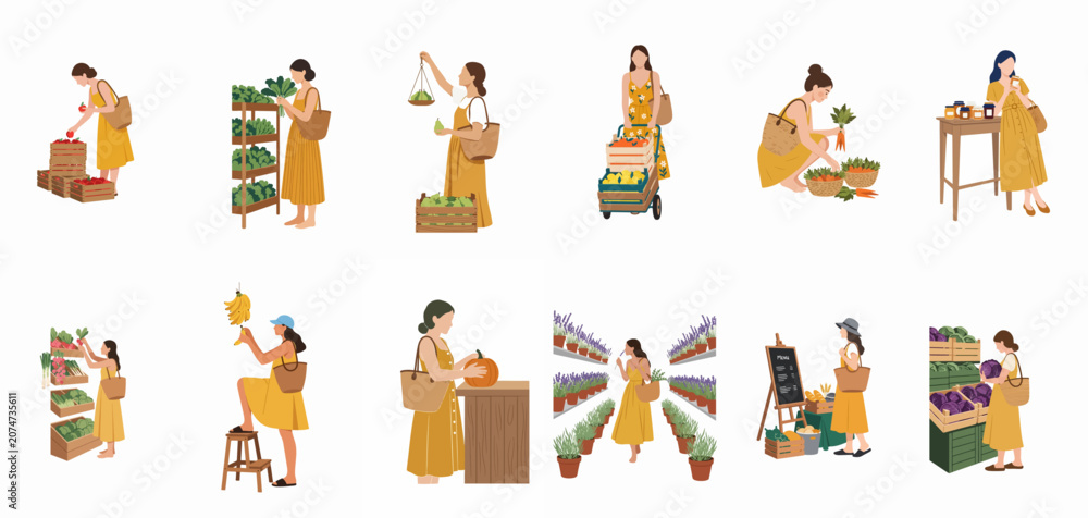 Fototapeta premium Collection of flat illustrations showing women shopping for fresh fruits, vegetables, and flowers at a local farmers market in summer.