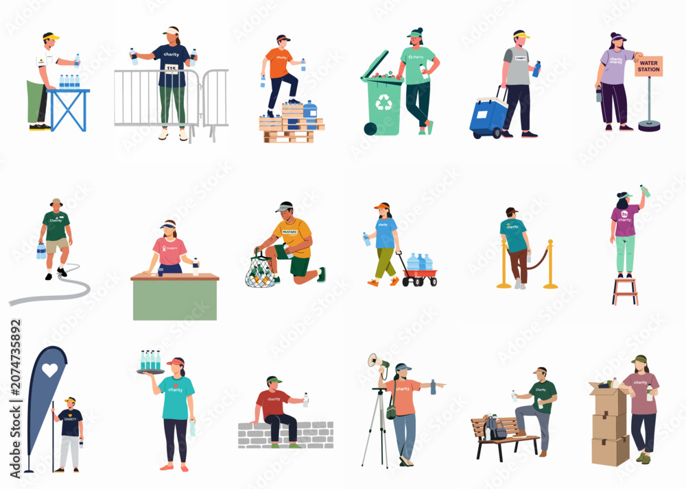 Fototapeta premium Set of diverse charity volunteers distributing bottled water, managing recycling, and providing support at public events like marathons or humanitarian missions.