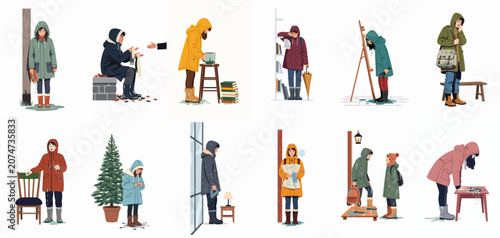 Konstfotografi Collection of sad and lonely people in raincoats, depicting isolation, poverty, and emotional distress in various everyday settings