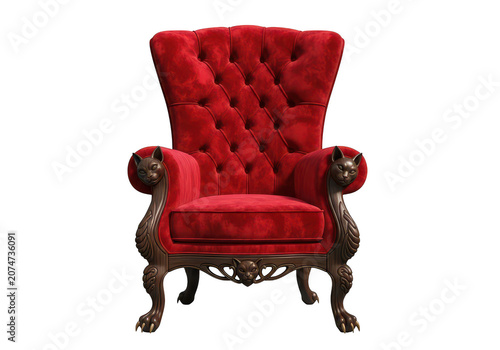 Vintage red throne chair with detailed carvings and cat arms.