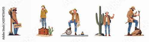 Fotografie Set of vector illustrations depicting a male explorer in various travel scenarios, including desert landscapes, map reading, and hitchhiking with an anywhere sign