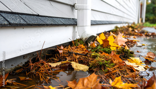 Clogged Gutter Downspout Overflowing with Autumn Leaves and Debris.