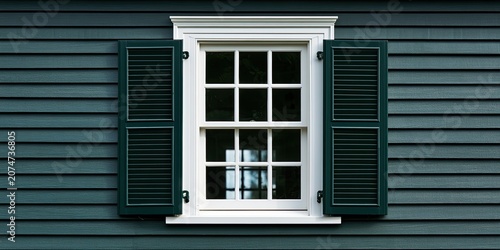White casement window with dark green louvred shutters on blue siding
