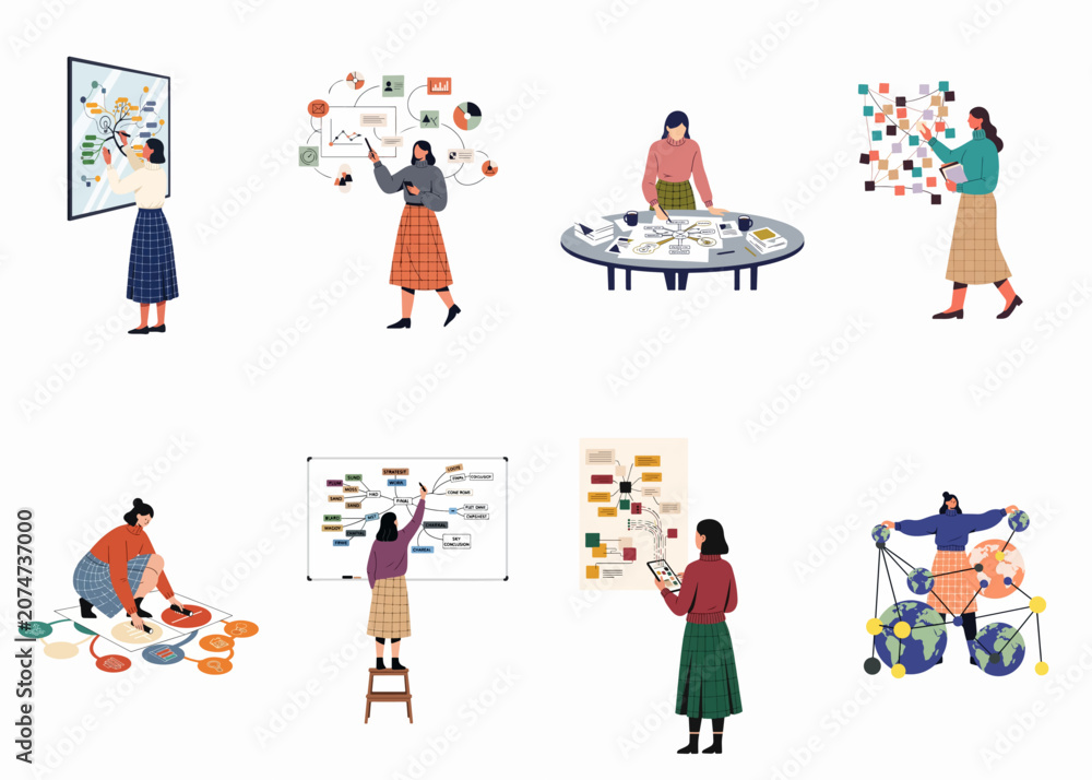 Fototapeta premium Set of professional women analyzing complex data, brainstorming ideas, and creating visual mind maps and flowcharts for business strategy and project management.