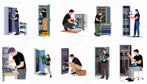 Foto Set of diverse IT technicians and engineers maintaining server racks, repairing hardware, and managing data center infrastructure in a flat vector illustration style